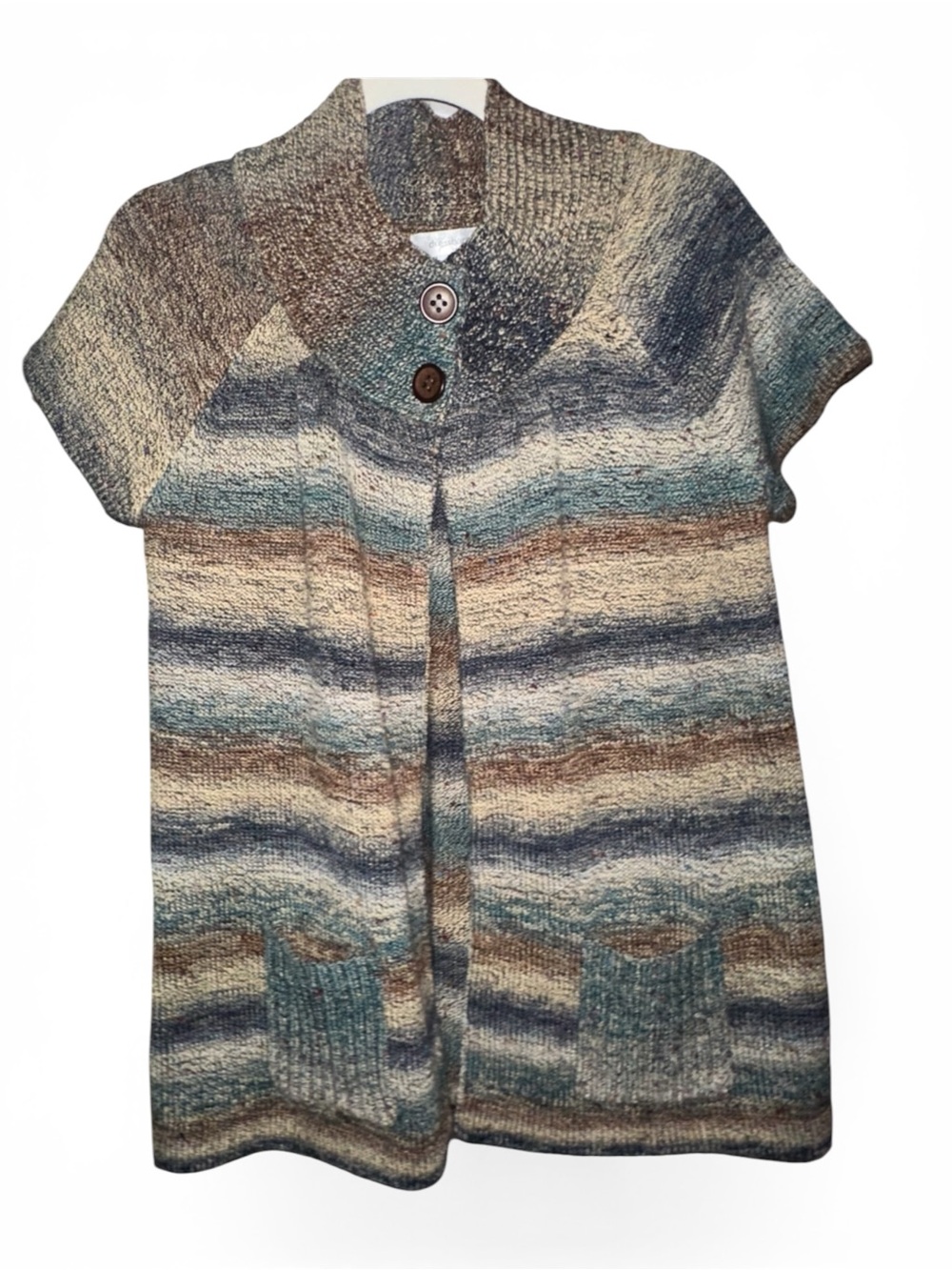 Dress Barn Striped Short-Sleeve Cardigan in Blue, Brown, Cream